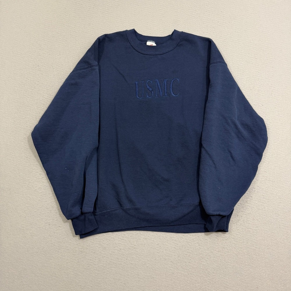 Vintage Jerzees USMC Sweatshirt Large Blue Super Sweats Crewneck Embroidered USA